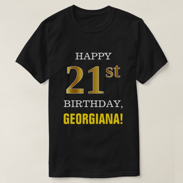 T-shirt Gras, Noir, Faux Or 21ème anniversaire avec nom Ch (Design devant)