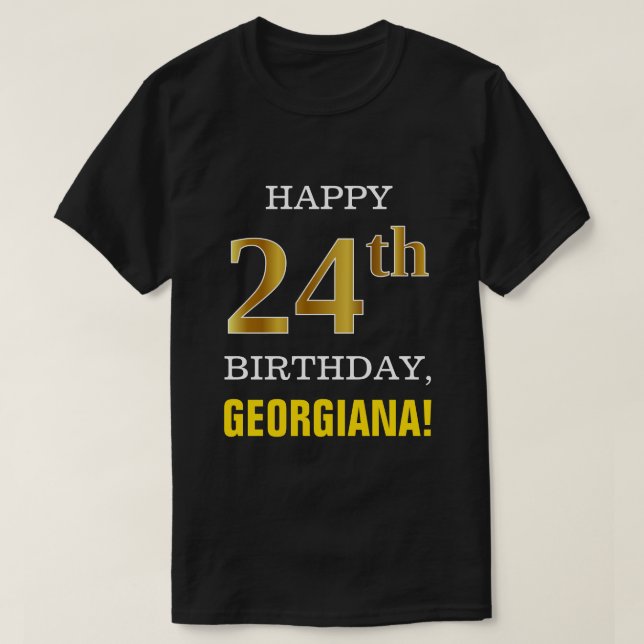 T-shirt Gras, Noir, Faux Or 24ème anniversaire avec nom Ch (Design devant)
