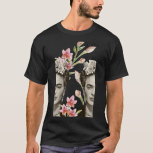T-shirt Gravure Frida Kahlo, fleurs, couleur, noir et blan