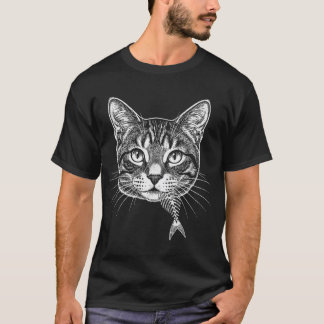 T-shirt Gravure vintage tête de chat avec squelette d'arêt