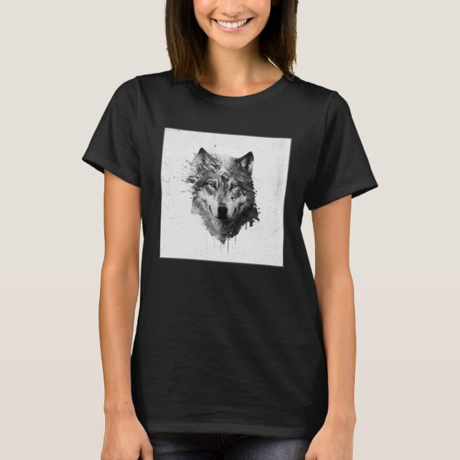 T-shirt Gray Wolf Paint Splatter Warrior Wild Animal Uniqu (Devant)