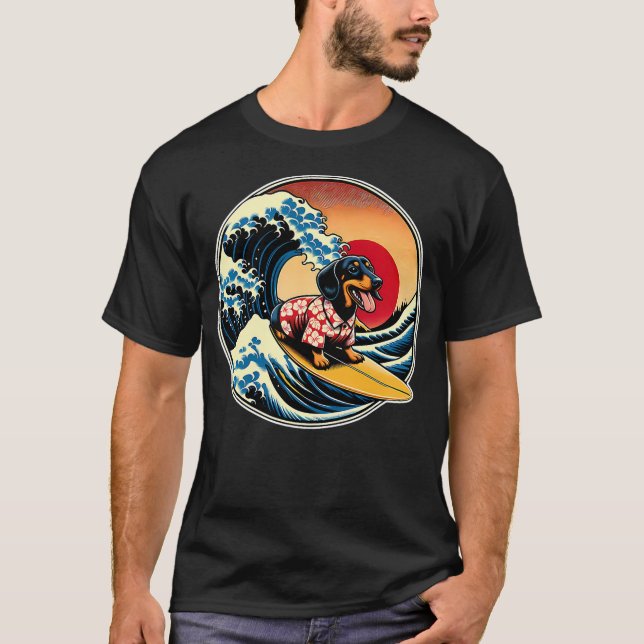 T-shirt Great Wave Kanagawa Weiner Dachshund Dog Surfing (Devant)