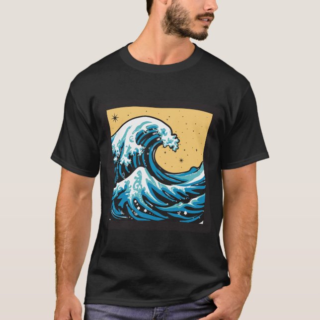 T-shirt Great Wave Under a Yellow Sky. Vector graphic. (Devant)