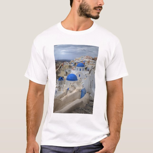 T-shirt Grèce, Santorin. Clocher et dômes bleus de 3 (Devant)