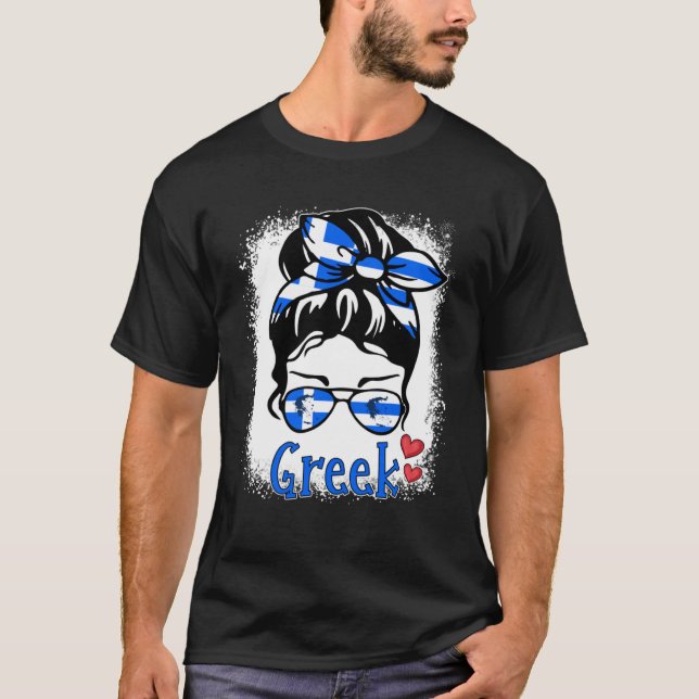 T-shirt Grecque Femme Messy Bun lunettes Grèce Girl Drapea (Devant)