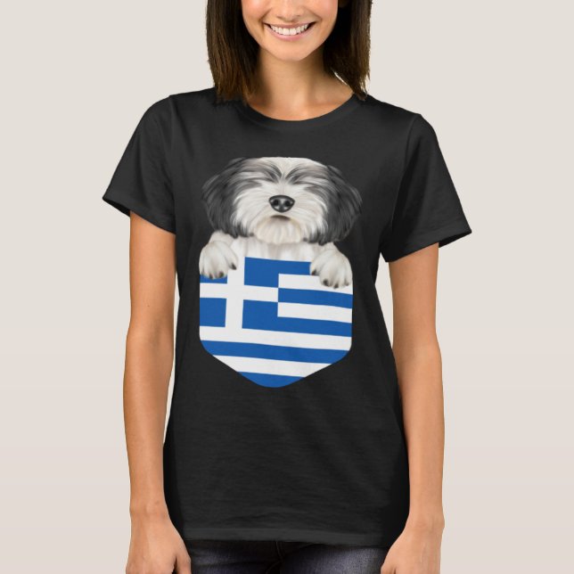 T-shirt Greece Flag Polish Lowland Sheepdog Dog In Pocket (Devant)