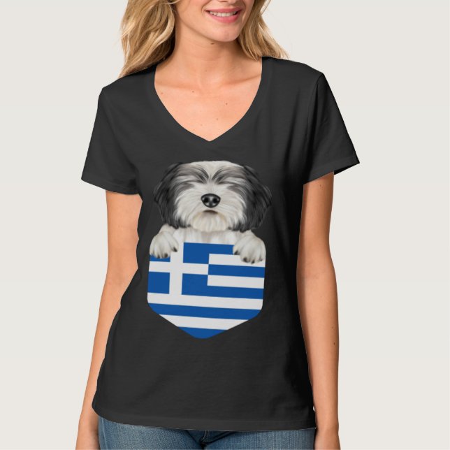 T-shirt Greece Flag Polish Lowland Sheepdog Dog In Pocket (Devant)