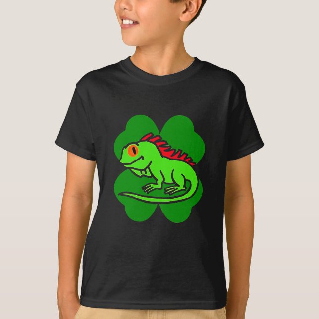 T-shirt Green Iguana with four leaf clover (Devant)