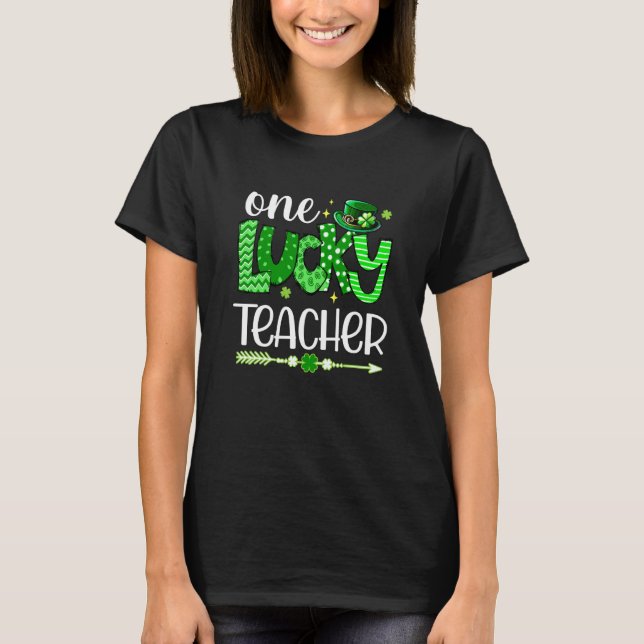 T-shirt Green Leopard Shamrock One Lucky Teacher St Patric (Devant)