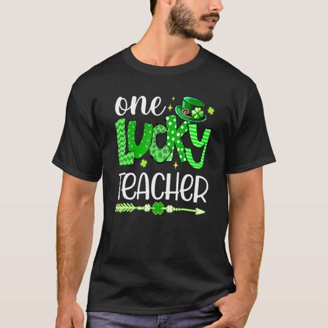 T-shirt Green Leopard Shamrock One Lucky Teacher St Patric (Devant)