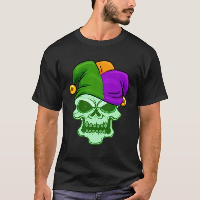 T-shirt Green Skull Face Mardi Gras Jester Hat Louisiana C (Devant)