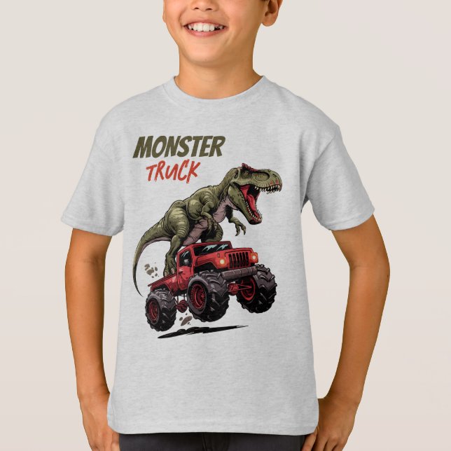 T-shirt Green T-Rex Red Monster Truck Kids (Devant)