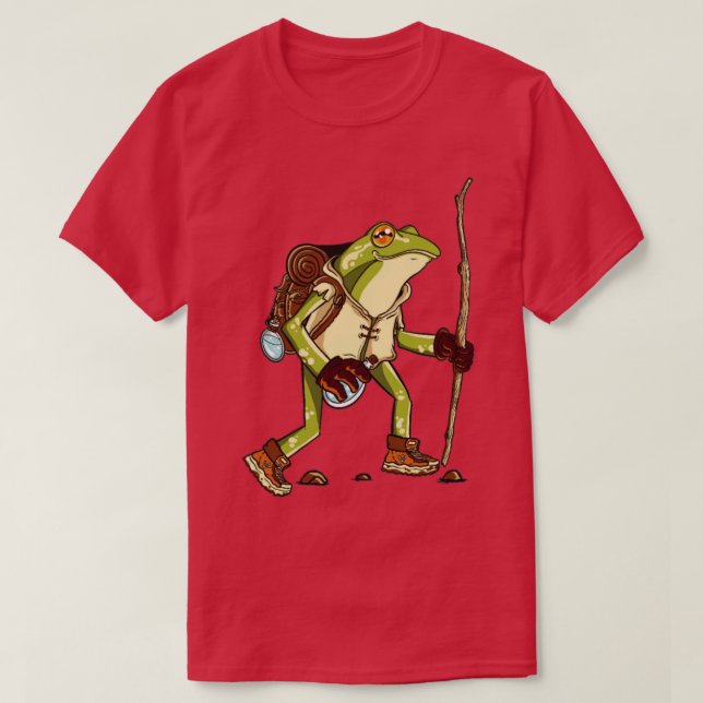 T-shirt grenouille à randonnée avec sac à dos et bâton (Design devant)