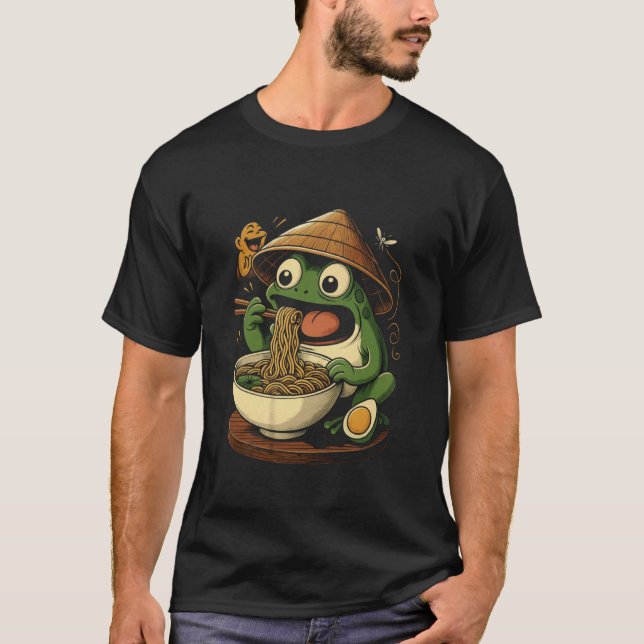 T-shirt Grenouille adorable mangeant du ramen avec un chap (Devant)