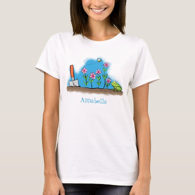 T-shirt Grenouille mignonne et abeille dans le jardin dess (Devant)