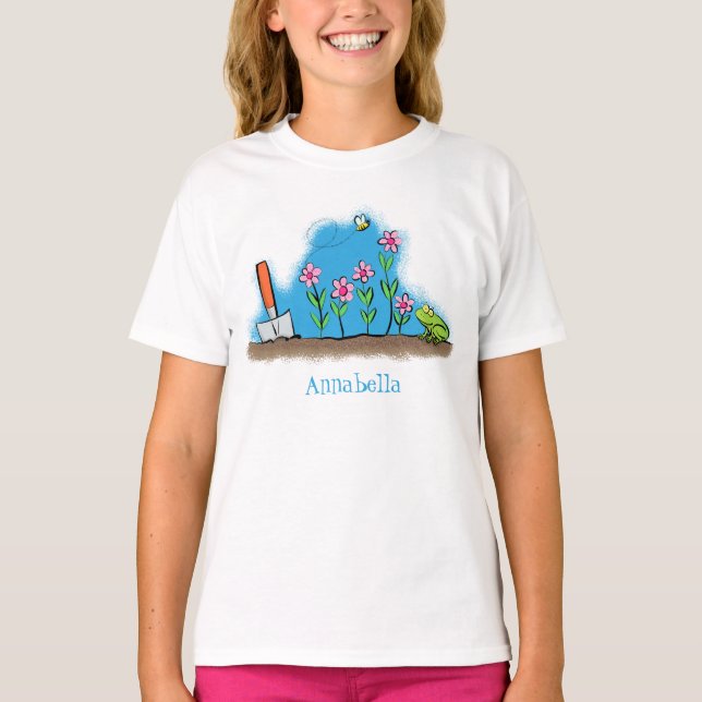 T-shirt Grenouille mignonne et abeille dans le jardin dess (Devant)