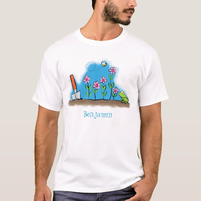 T-shirt Grenouille mignonne et abeille dans le jardin dess (Devant)