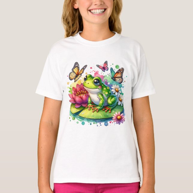 T-shirt Grenouille mignonne sur Lily Pad avec Fleurs et Pa (Devant)
