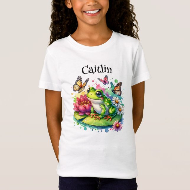 T-Shirt Grenouille mignonne sur Lily Pad avec Fleurs et Pa (Devant)