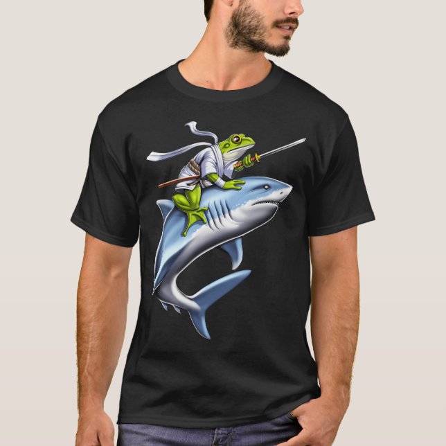 T-shirt Grenouille Samouraï Ninja à Cheval sur Requin (Devant)