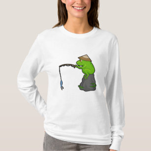 T-shirt Grenouille sur pierre à la pêche avec bâtonnet de