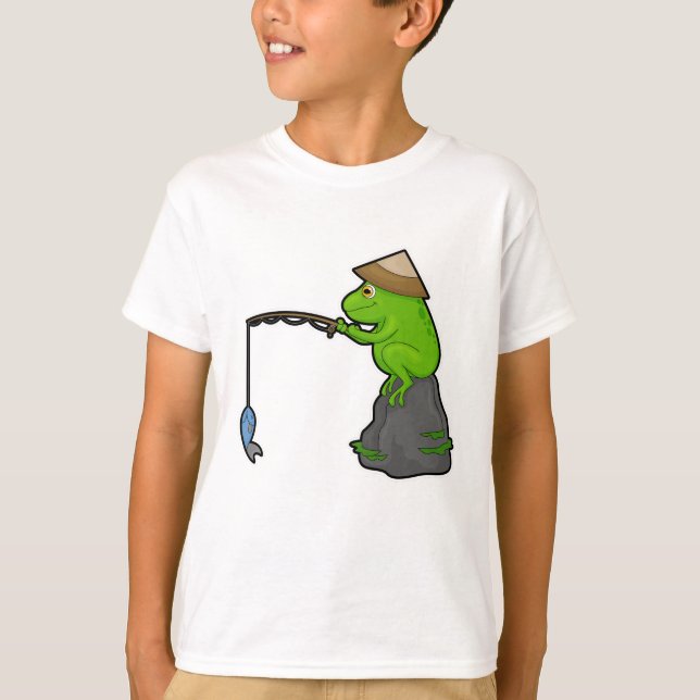 T-shirt Grenouille sur pierre à la pêche avec bâtonnet de  (Devant)
