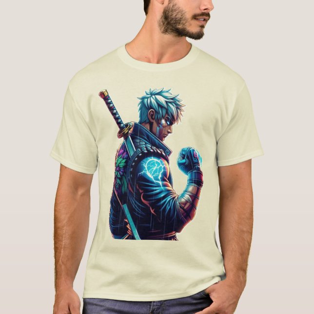 T-shirt Grève D'Abord. Brûle plus fort." Cyberpunk Anime F (Devant)