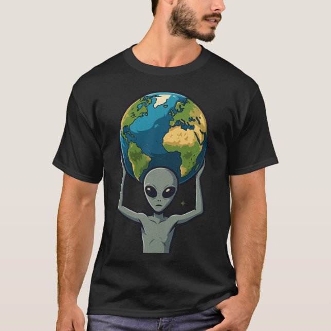 T-shirt Grey Alien Lifting the Earth 🌍👽 (Devant)