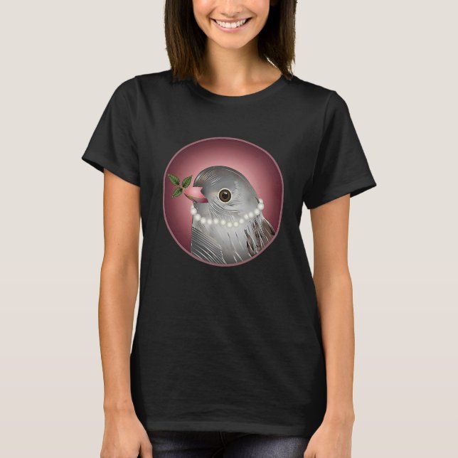 T-shirt Grey bird with pearl necklace and branch in beak (Devant)