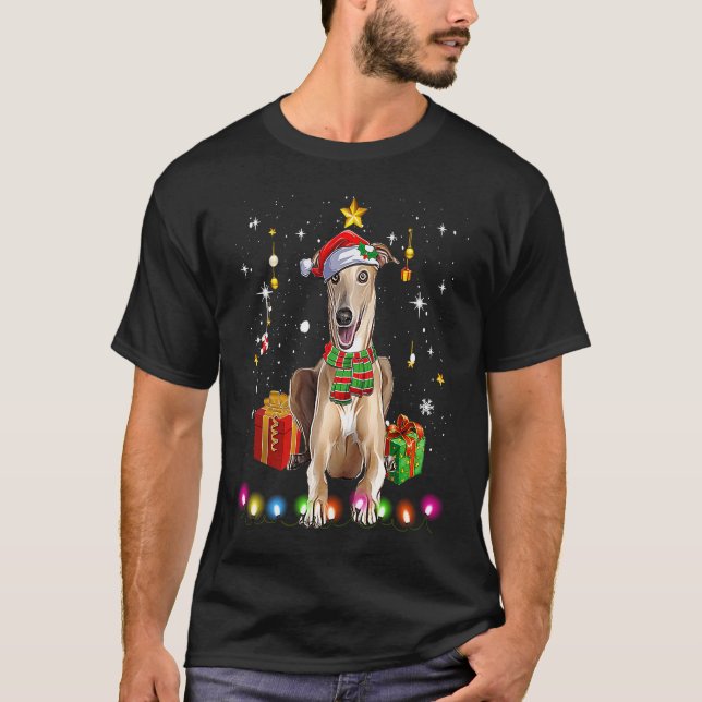 T-shirt Greyhound Santa Funny Christmas Tree Lights Xmas P (Devant)