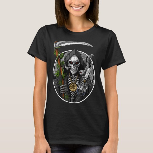 T-shirt Grim Faucheuse Fumer mauvaises herbes Fumer Crâne  (Devant)