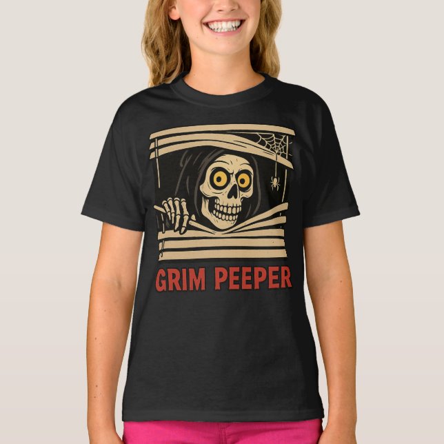 T-shirt Grim Peeper Funny Skeleton Halloween Pun Tee (Devant)