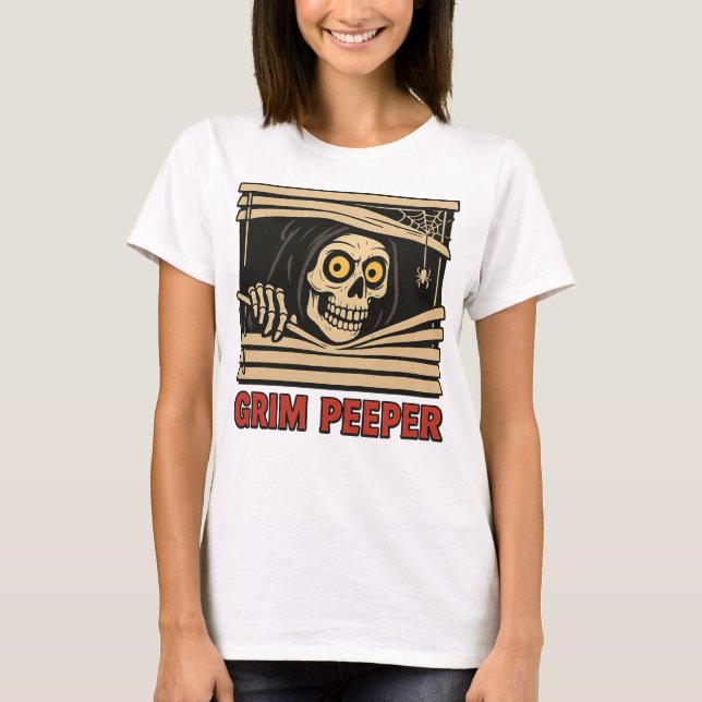 T-shirt Grim Peeper Funny Skeleton Halloween Pun Tee (Devant)