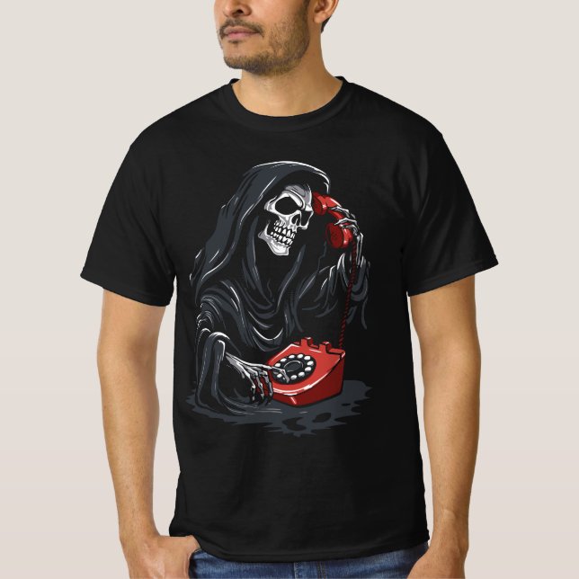 T-shirt Grim Reaper calling on a red phone (Devant)