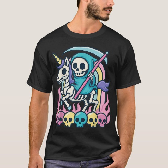 T-shirt Grim Reaper Riding Skeleton Unicorn Halloween (Devant)