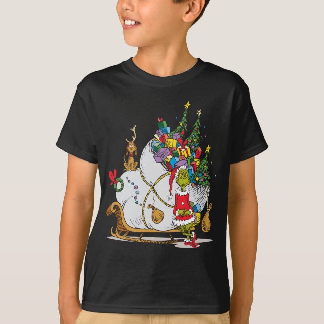 T-shirt Grinch Classique | Grinch & Max avec traîneau (Devant)