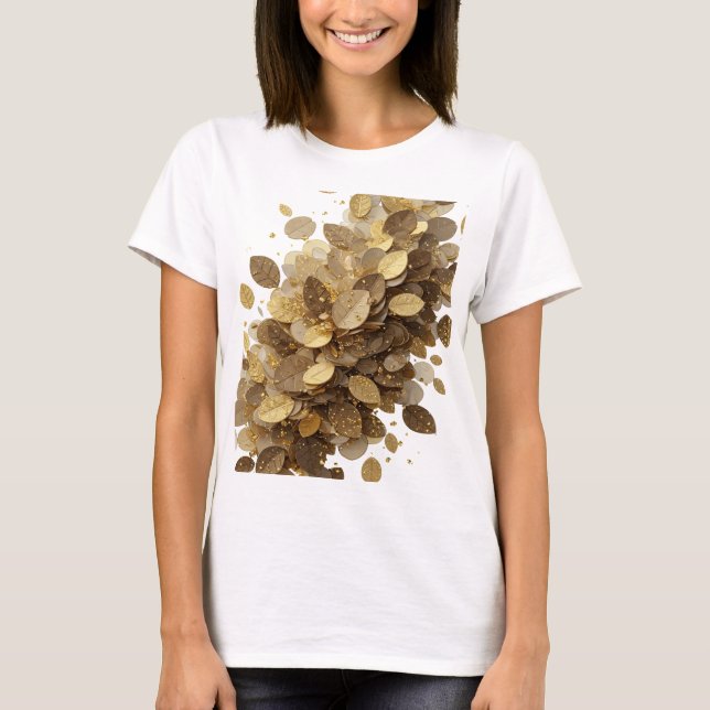 T-shirt Gris Chic FEUILLES D'OR ET ÉTOILES Conception Grap (Devant)