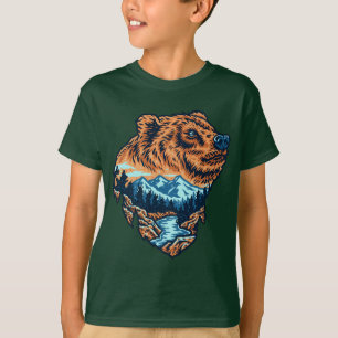 T-shirt Grizzly Bear Head Silhouette Mountain Forest River