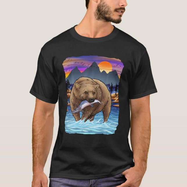 T-shirt Grizzly Oear Capture Saumon Alaska Pêche Nature (Devant)