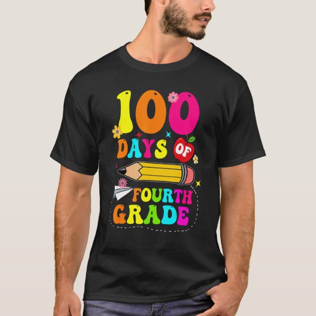T-shirt Groovy 100 Days Of Fourth Grade Kids Teacher 100th (Devant)