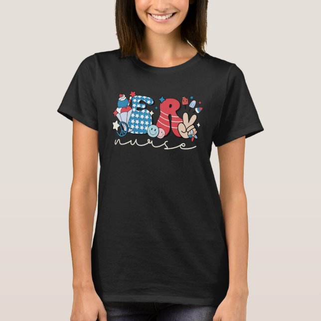 T-shirt Groovy 4th of July ER Nurse Patriotic Emergency Ro (Devant)