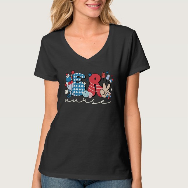 T-shirt Groovy 4th of July ER Nurse Patriotic Emergency Ro (Devant)