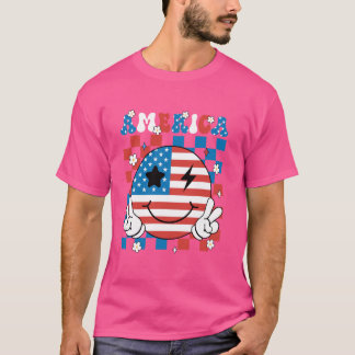 T-shirt Groovy Amérique USA Sourire Visage Patriotique 4 j
