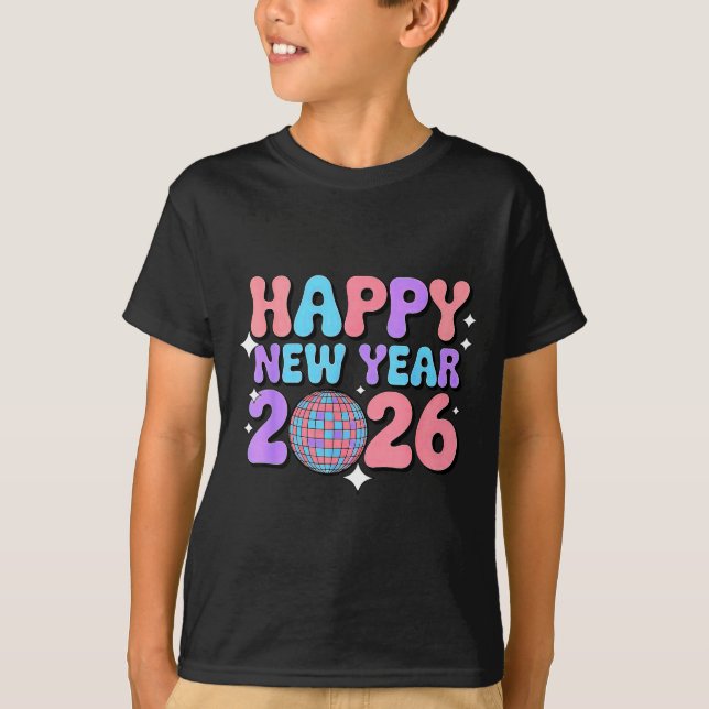 T-shirt Groovy Cute Happy New Year 2026 Disco Ball  (Devant)