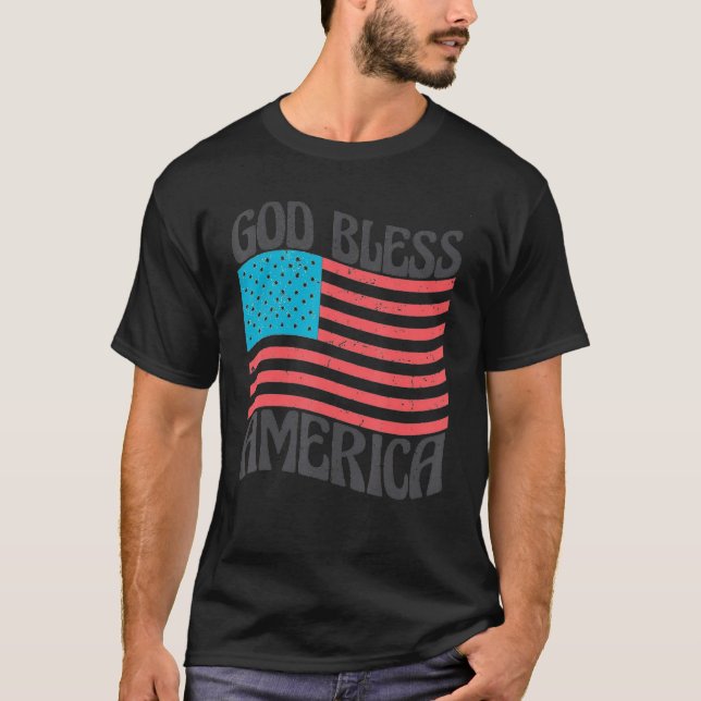 T-shirt Groovy God Bless America 4th Of July Patriotic USA (Devant)