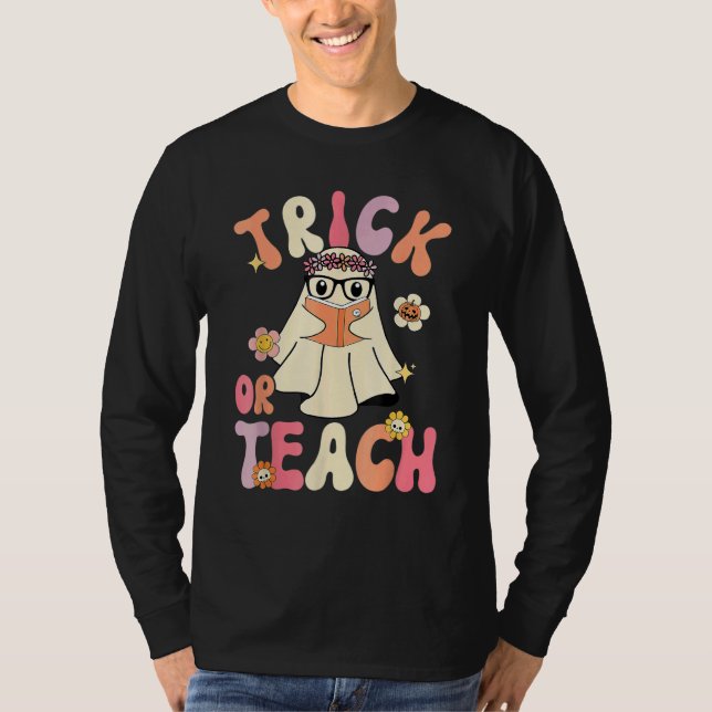 T-shirt Groovy Halloween Trick or Teach Rétro Fleur Fantôm (Devant)