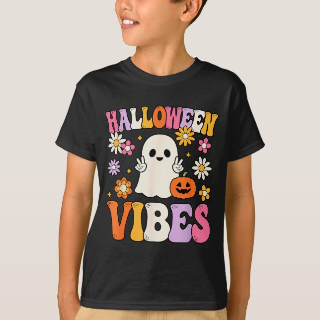 T-shirt Groovy Halloween Vibes Costume Ghost Pumpkin  (Devant)