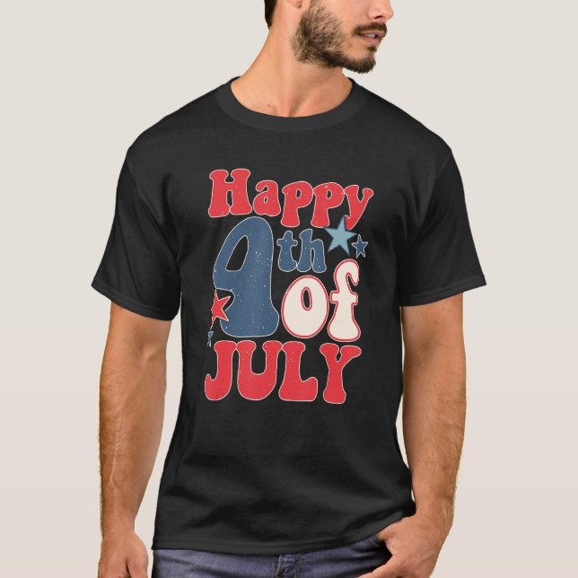 T-shirt Groovy Happy 4th Of July US Flag American 4th Of J (Devant)