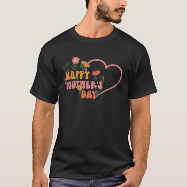 T-shirt Groovy Happy Mother s Day Hippie Heart Retro Face  (Devant)