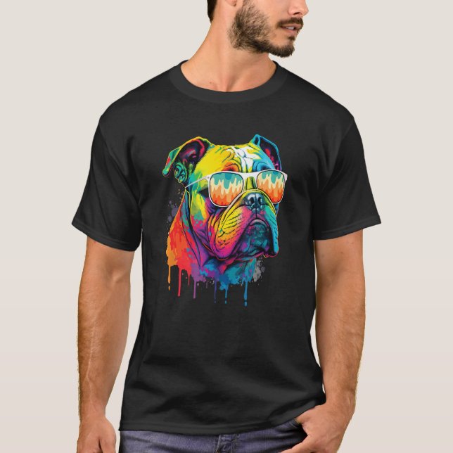T-shirt Groovy Retro English Bulldog  Dog Animal  Puppy Ow (Devant)